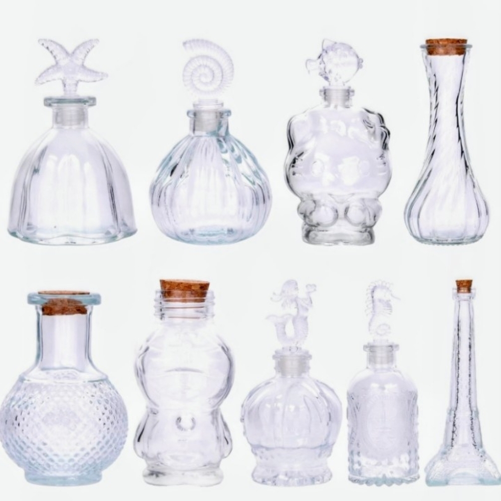Set of 9 Clear Glass Decorative Bottles Or Bud Vase